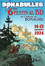 affiche Bonabulles 2024 - un cavalier en approche du château de Bonaguil